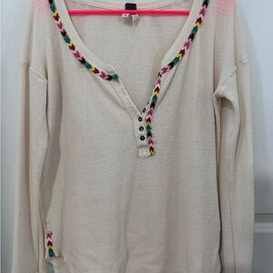 Free People Cream Button Down with Colorful Rainbow Trim